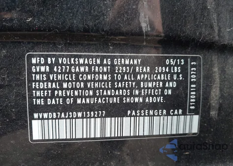 2013 Volkswagen Golf 2.5L 4-Door из США, поврежденный, VIN WVWDB7AJ3DW139277